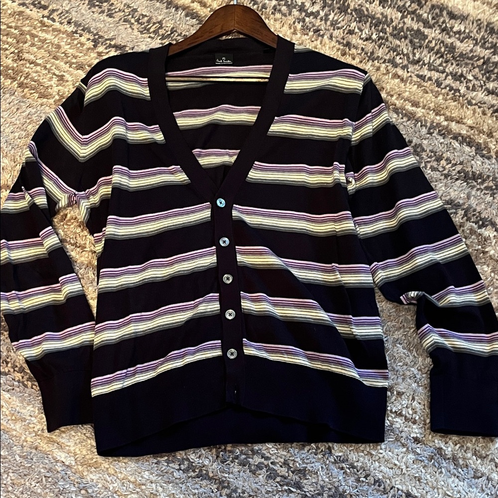 Paul Smith Navy Cardigan with Cream and Lavender Stripes
